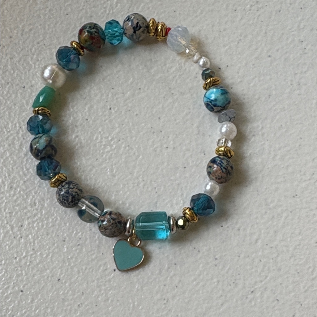 Blue And Gold Beaded Bracelet With Heart Charm By Sassy Charmer